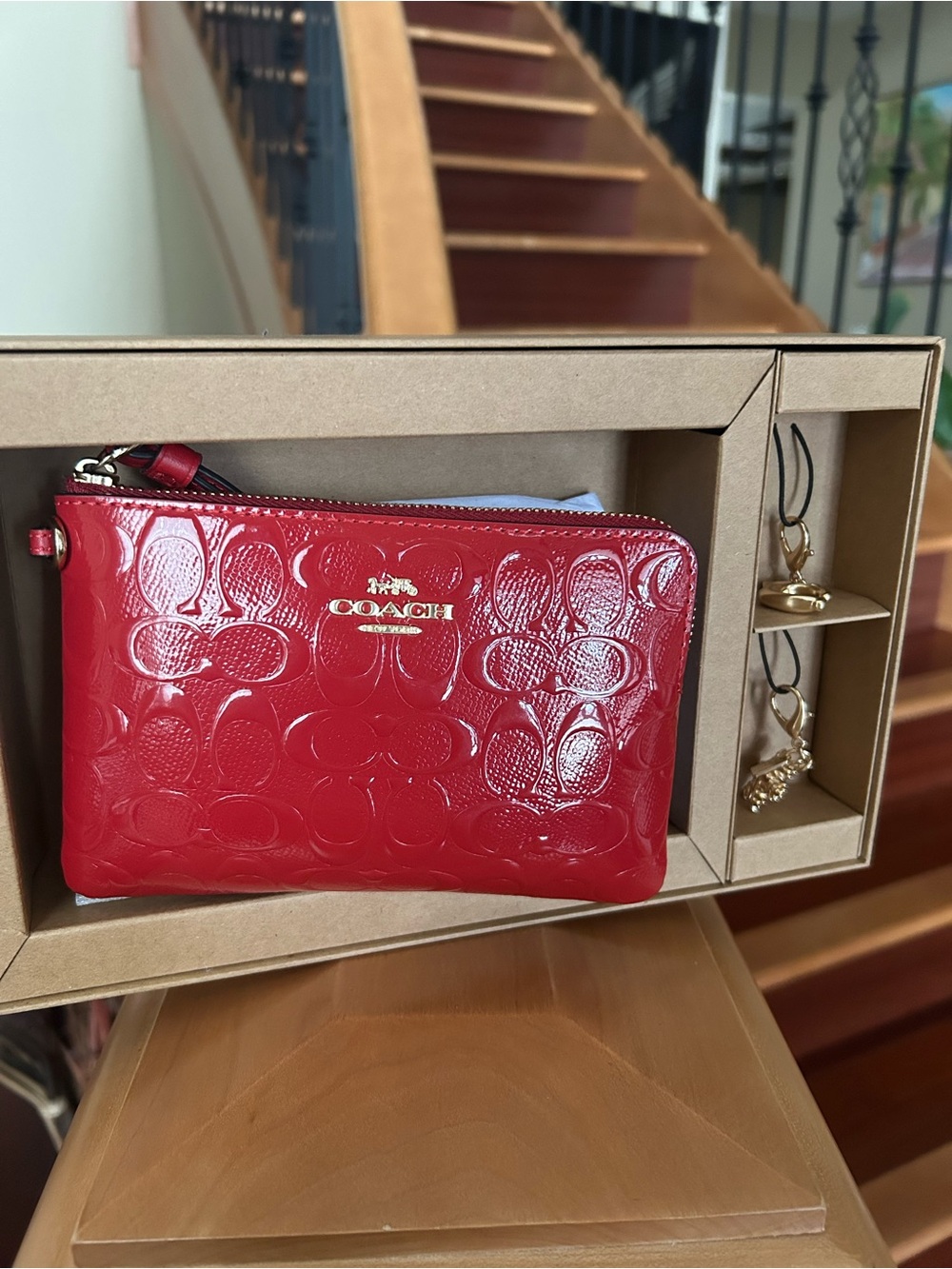 Coach Boxed Red Corner Zip Wristlet with Gold Hardware and Charms